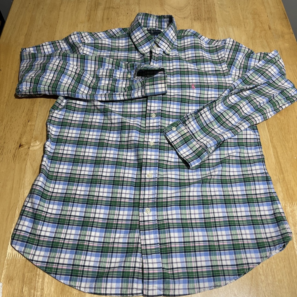 Ralph Lauren Shirt Men's‎ Custom Fit Size L Green Blue  Plaid Cotton Casual